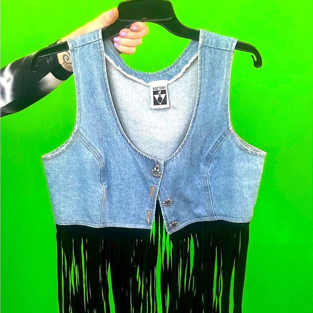 90s Retro Denim Vest with Black , Daisy Buttons